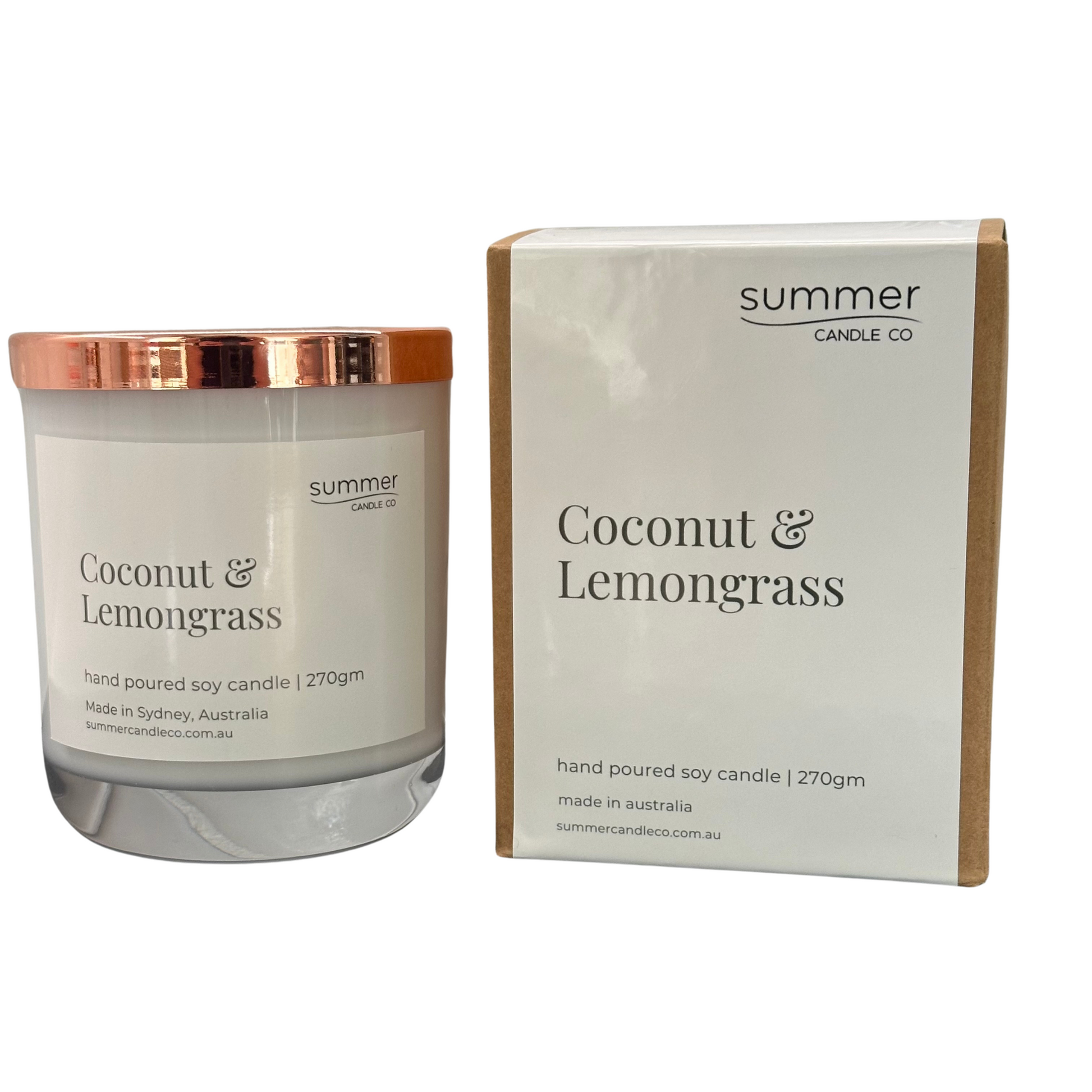 Hand-poured soy wax candle in a white jar with a rose gold lid, scented with Coconut & Lemongrass. A refreshing tropical blend with zesty lemongrass and creamy coconut. Clean-burning and perfect for gifting or creating a bright, energising space.