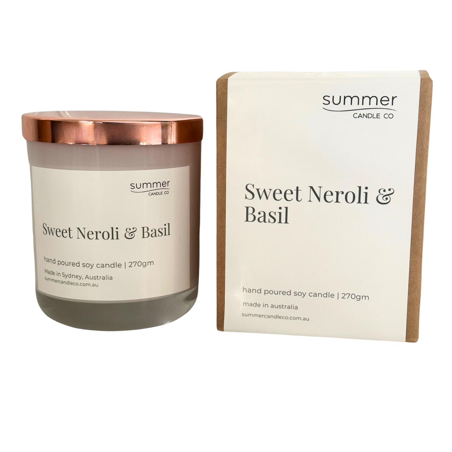 Hand-poured soy wax candle in a white jar with a rose gold lid, scented with Sweet Neroli & Basil. A fresh, uplifting blend of citrusy neroli and herbal basil. Clean-burning and perfect for gifting or creating a bright, refined atmosphere.