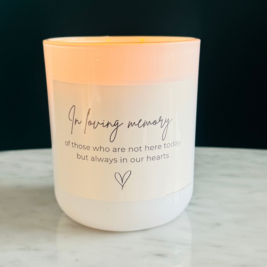 In Loving Memory Soy Wax Candle – Hand-Poured Memorial Candle, Perfect Sympathy Gift
White candle with text 'In Loving Memory of those who are not here today but always in our hearts'
