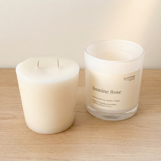 Soy wax candle refill beside an empty light-coloured Jasmine Rose jar demonstrating jar reuse