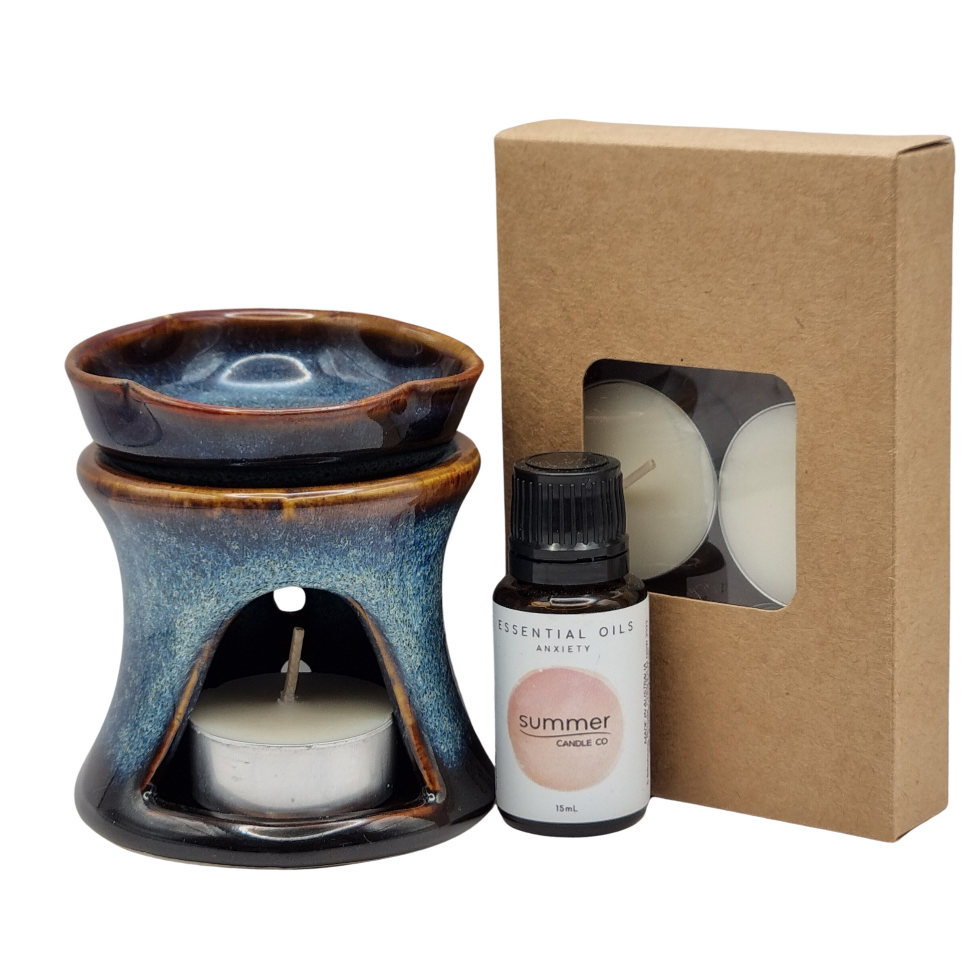 Bundle Pack Ceramic Blue Oil Burner with Anxiety Essential Oil and 6 pack of Tealights