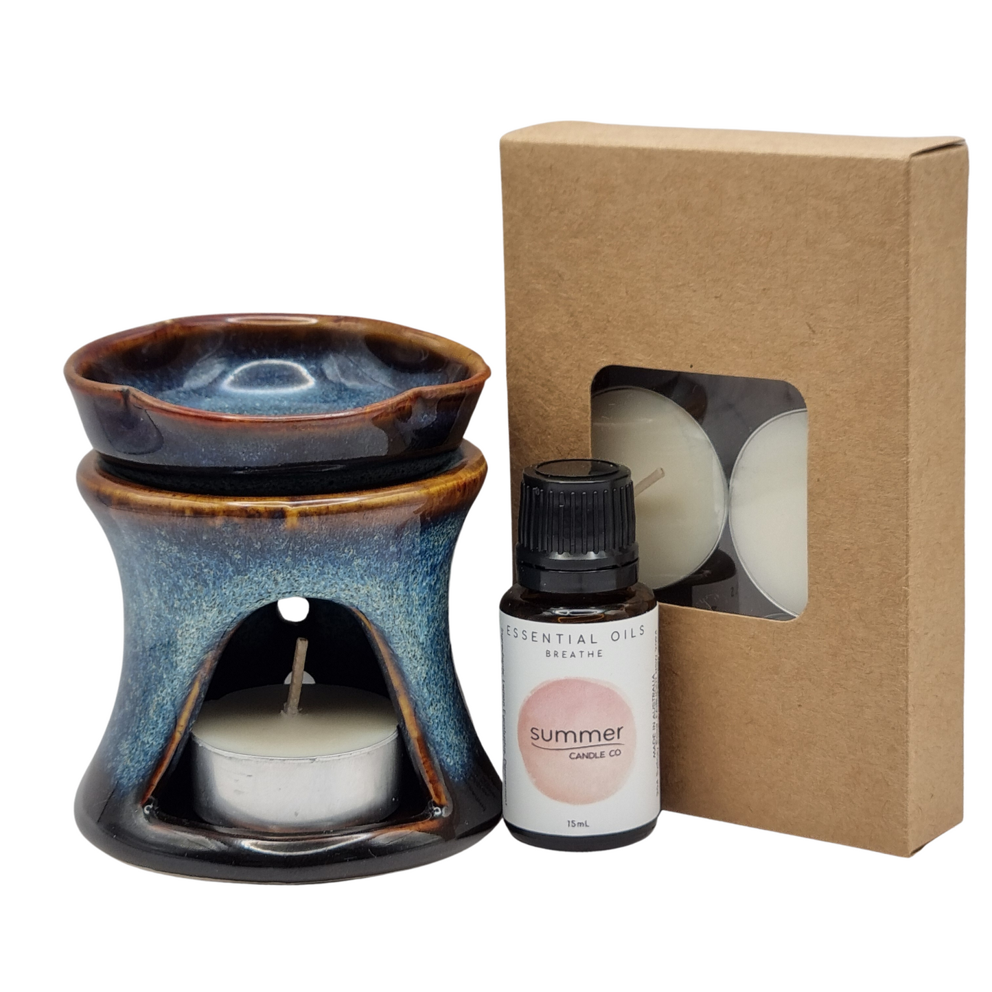 Bundle Pack Ceramic Blue Oil Burner with Breathe Essential Oil and 6 pack of Tealights