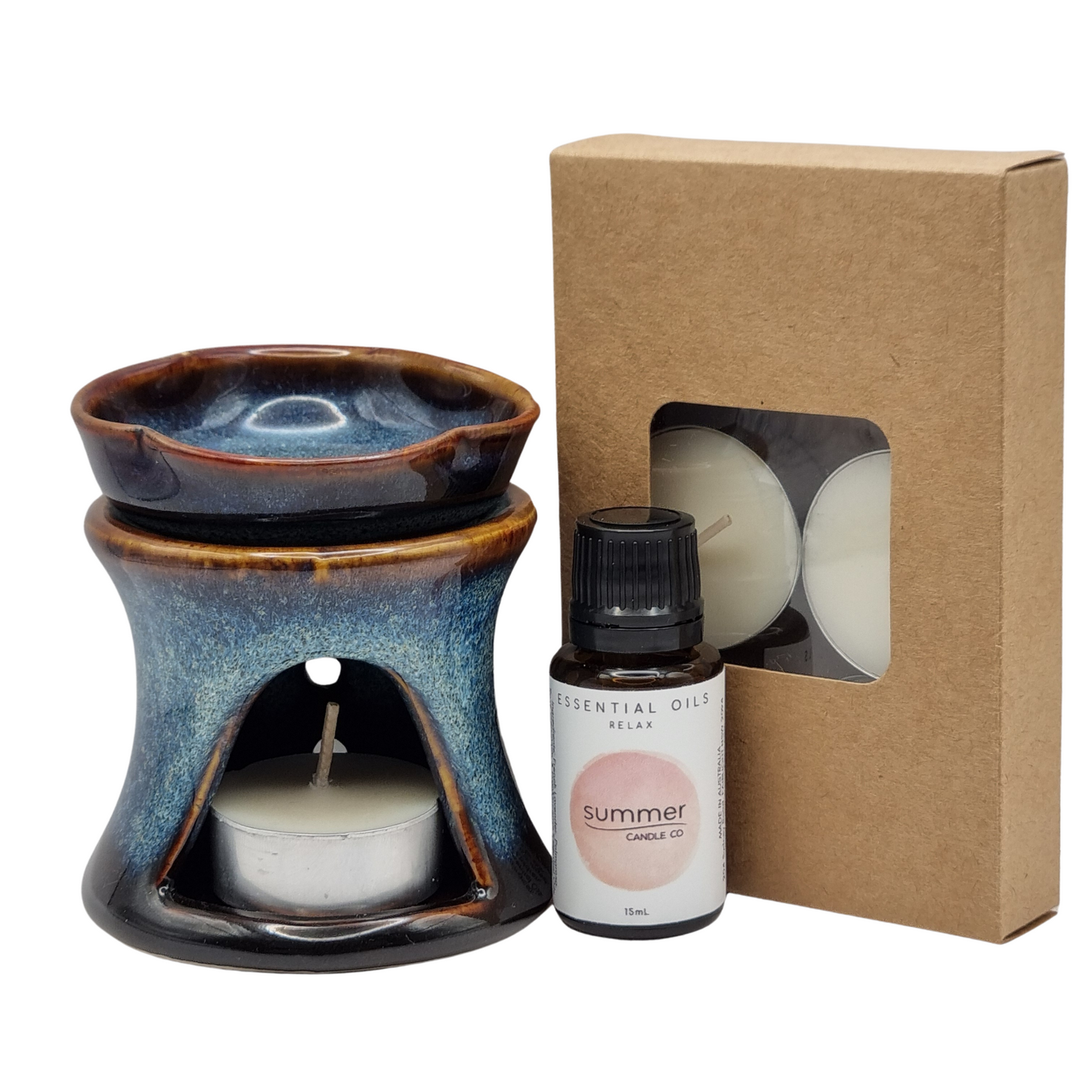 Bundle Pack Ceramic Blue Oil Burner with Relax Essential Oil and 6 pack of Tealights