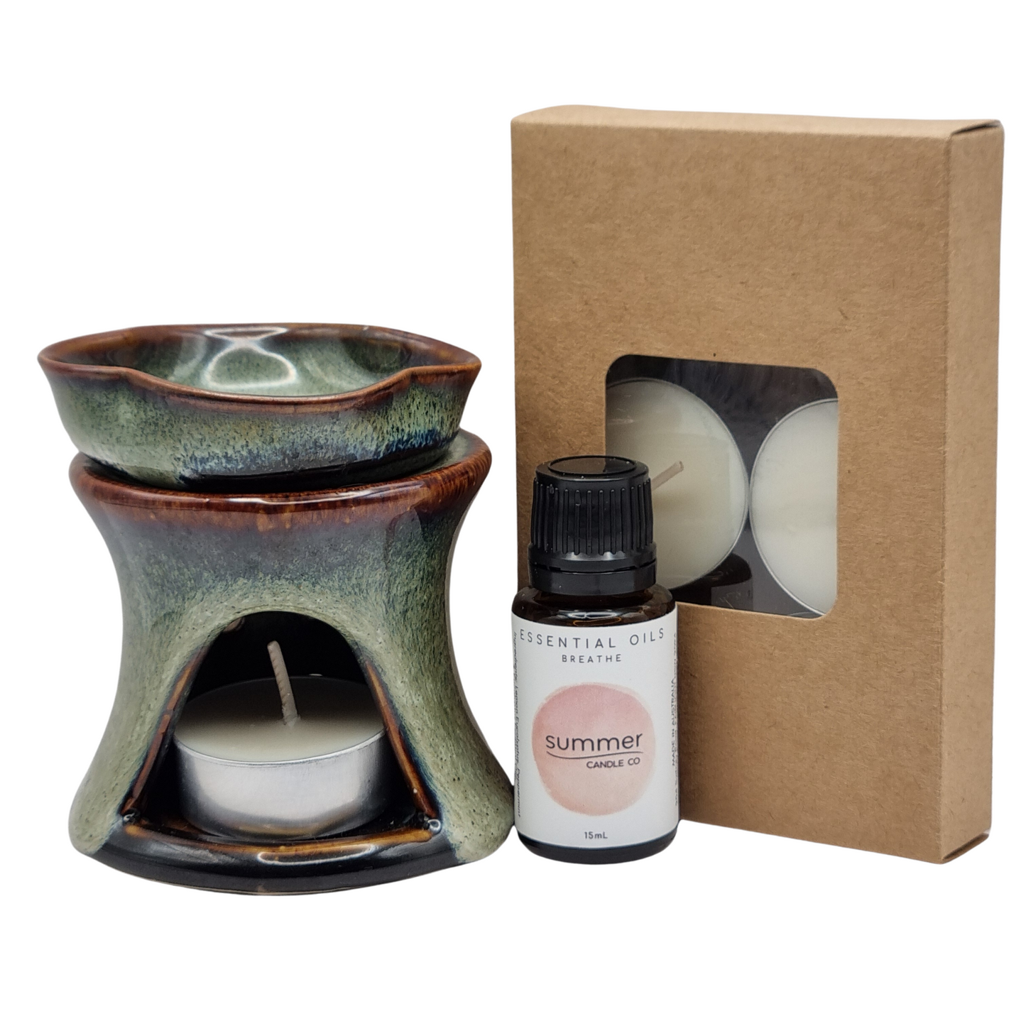 Bundle Pack Ceramic Green Oil Burner with Breathe Essential Oil and 6 pack of Tealights