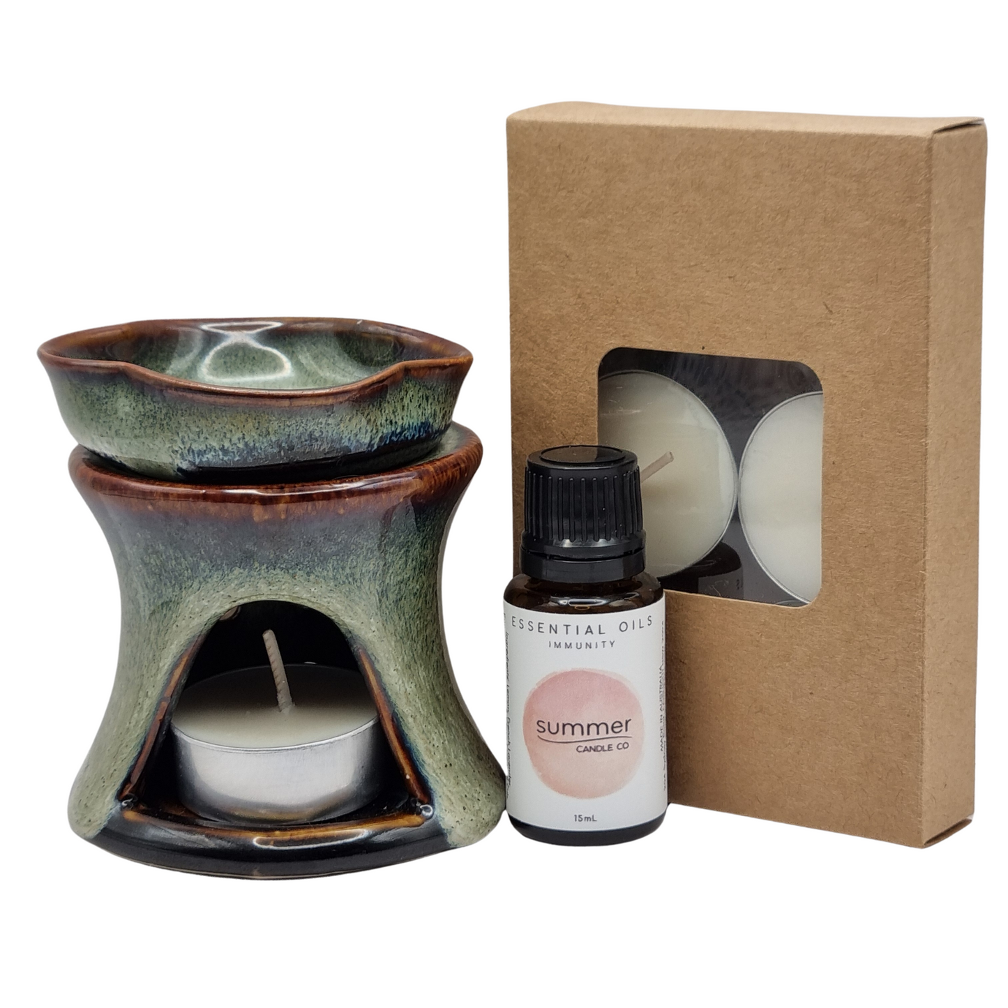 Bundle Pack Ceramic Green Oil Burner with Immunity Essential Oil and 6 pack of Tealights