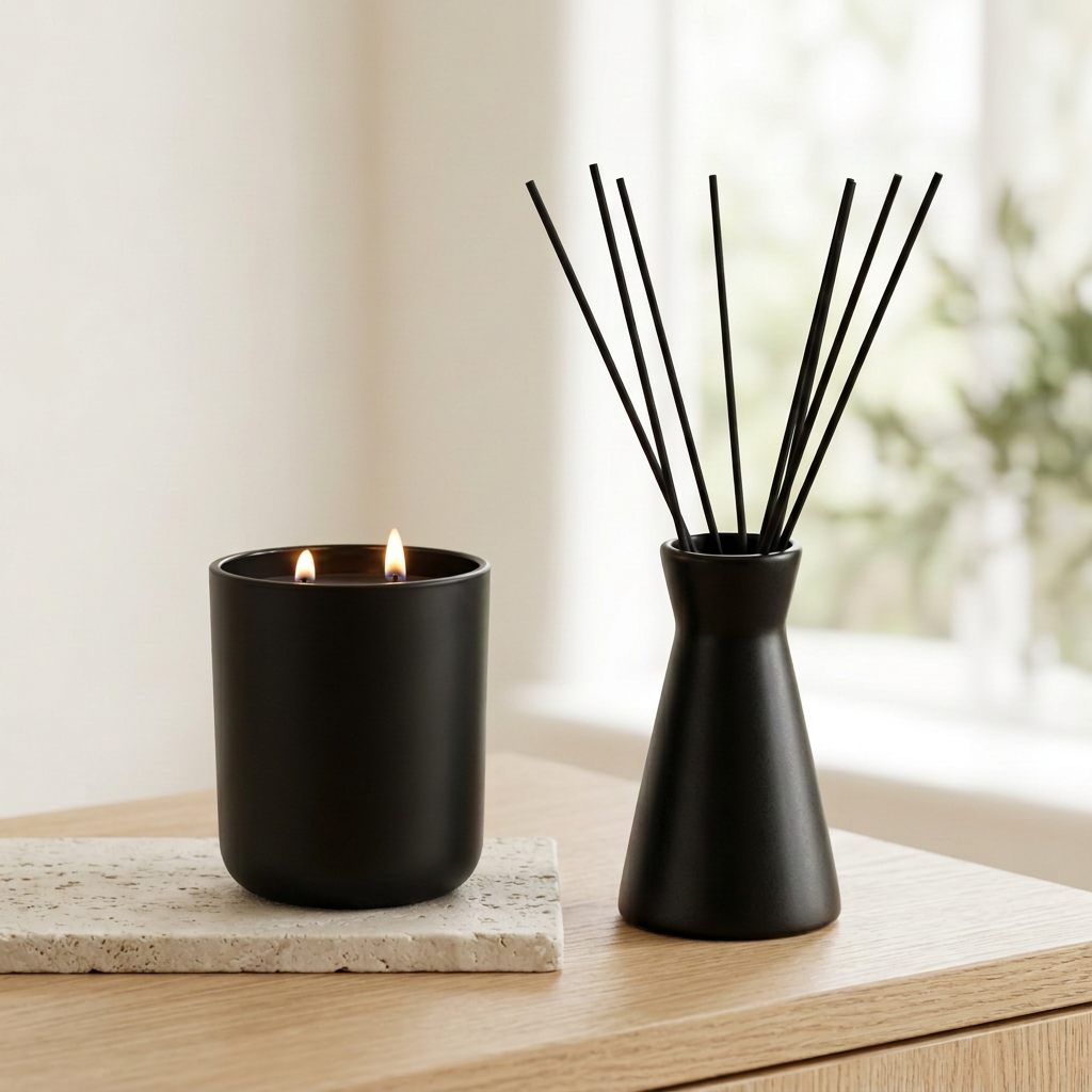 Black candle and reed diffuser with smaller natural candle flames