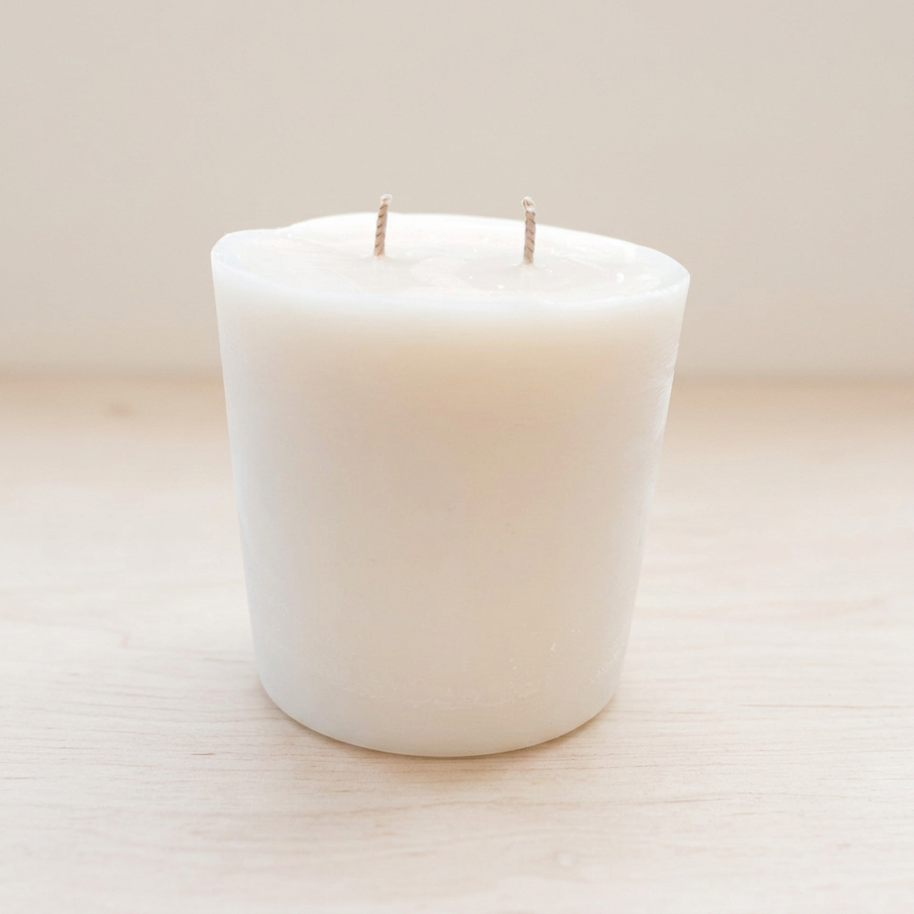 Unlit double-wick soy wax candle jar refill on a pale timber surface